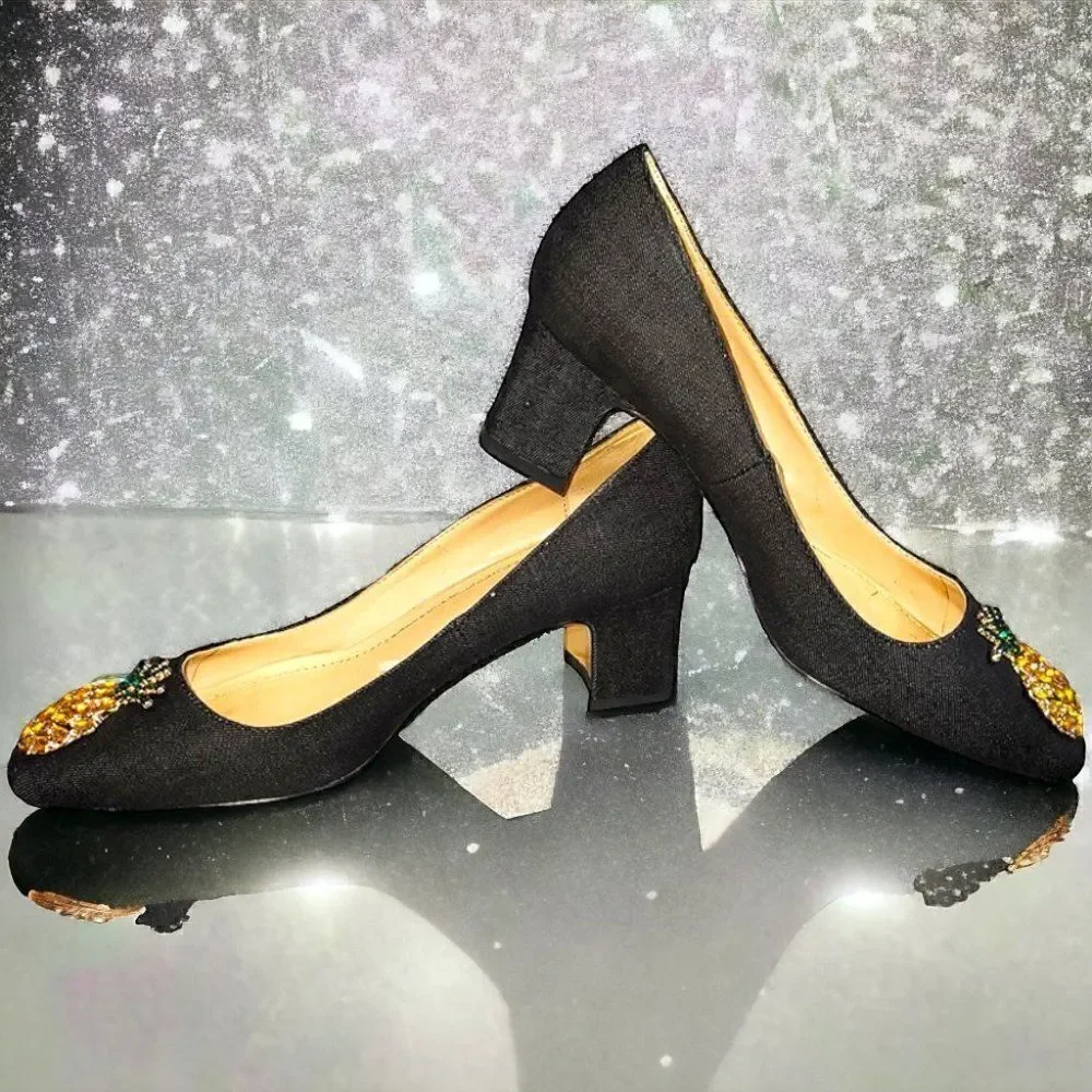 Zara gray blue denim gems PINEAPPLE chunky heels pumps